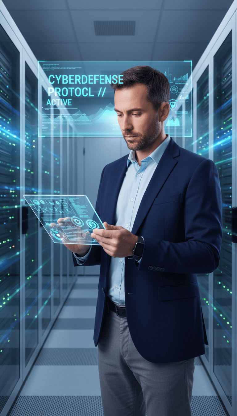 Technician reviewing security setup in a server room