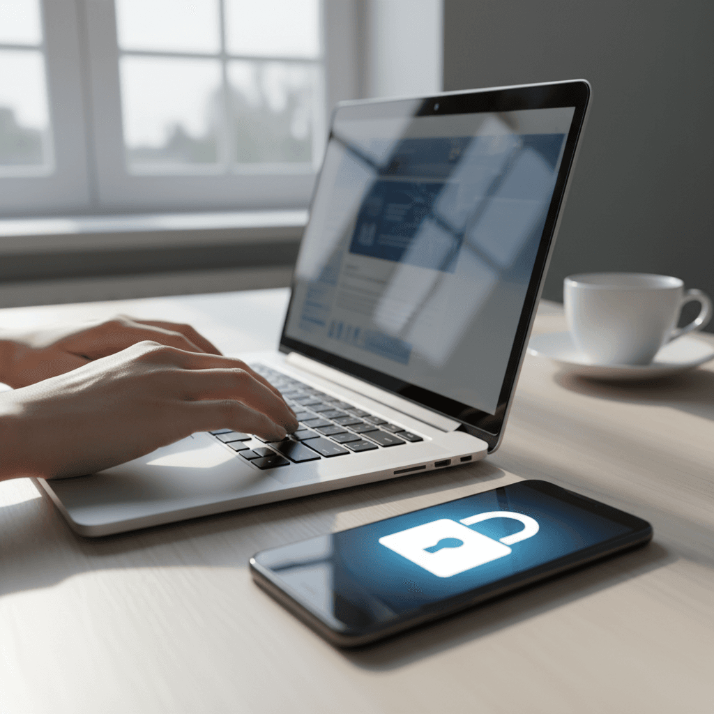 Professional using a laptop with security software in a modern home office