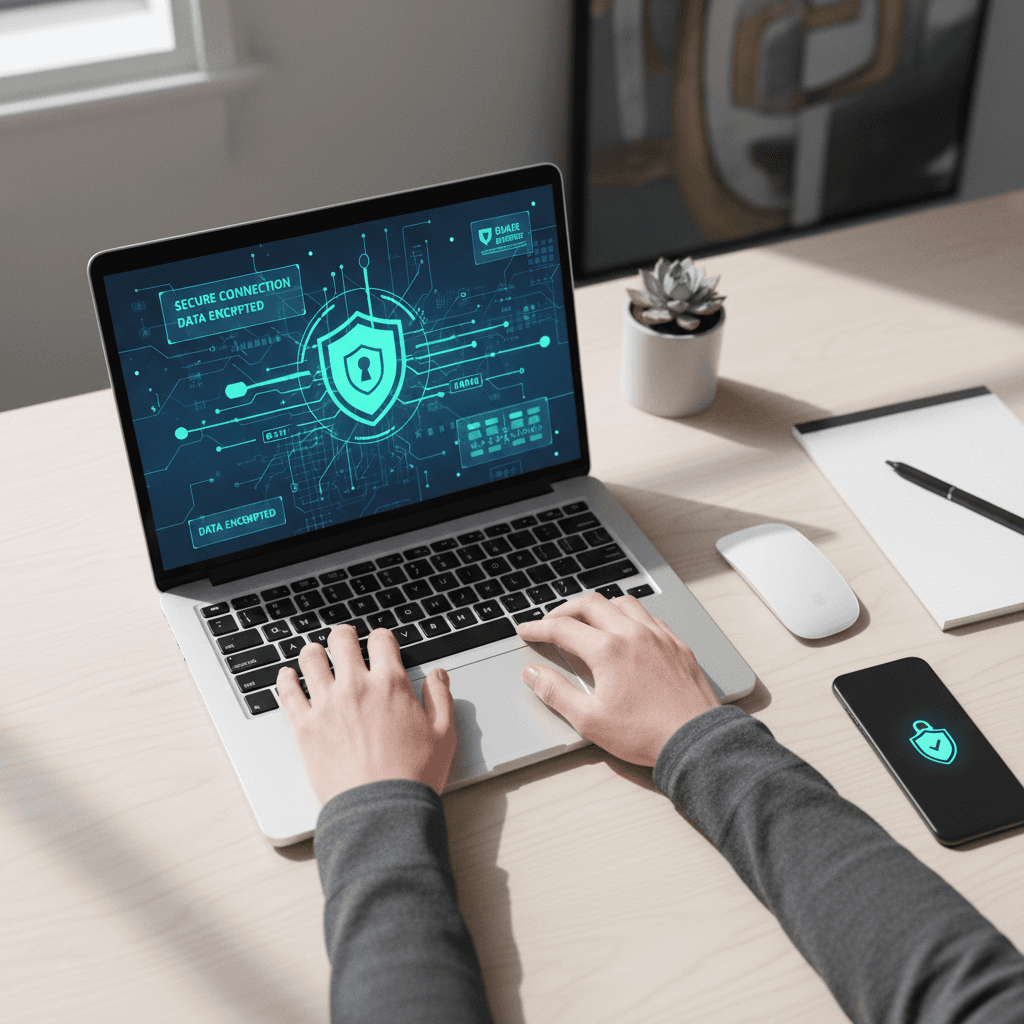 Cybersecurity protection concept with a firewall shield on a computer screen