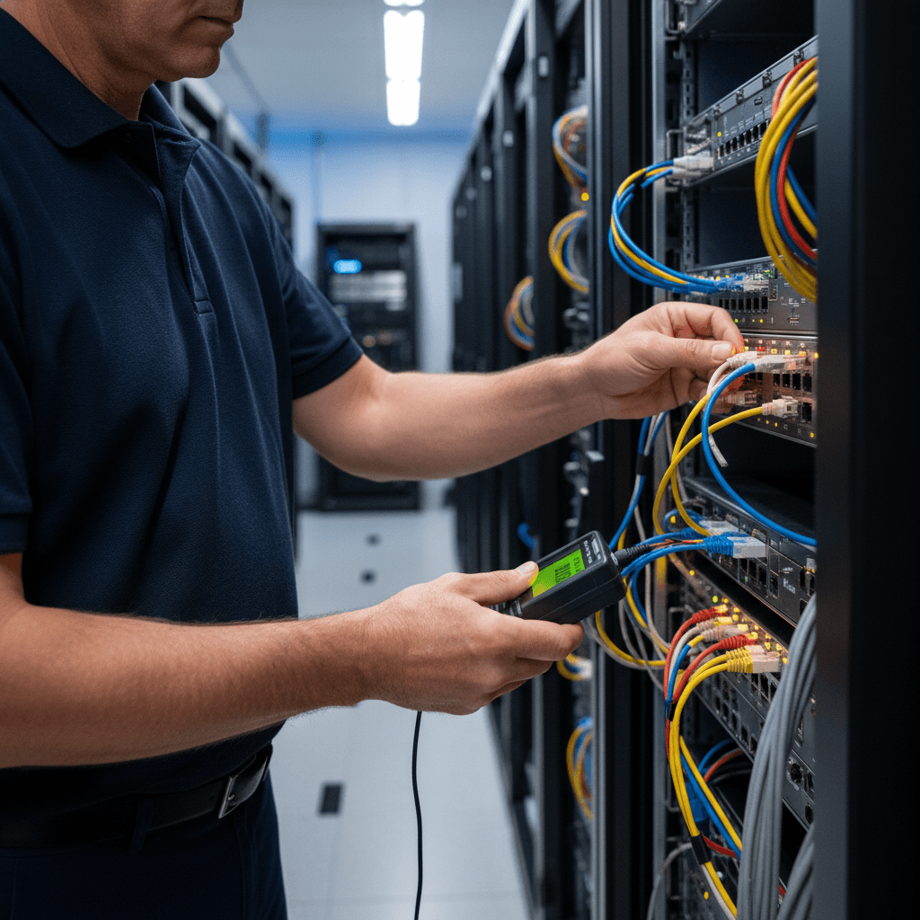 Technician reviewing network equipment on a server rack in a tidy server room