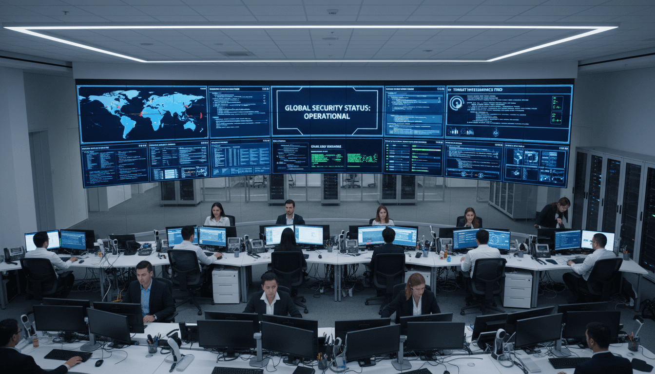 Cybersecurity professional monitoring security systems on computer screens