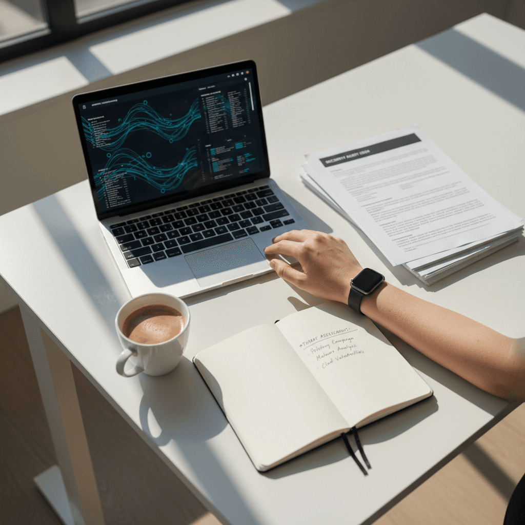 Cybersecurity expert reviewing a security assessment on a laptop